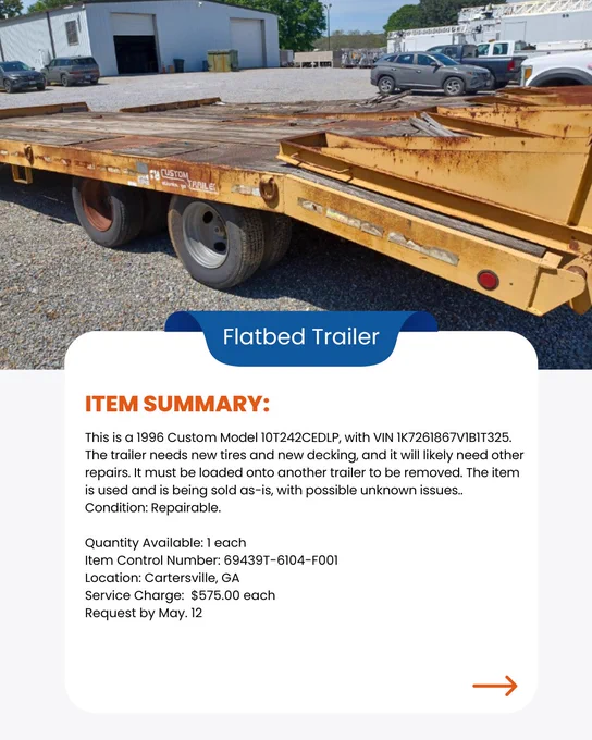 Graphic contains an image of a yellow flatbed trailer. The graphic also contains written information about the item including the price of $575.00 and the items location which is Cartersville, GA