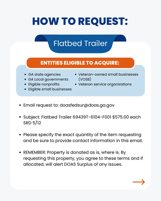 The graphic contains written information about the item and how to request it from DOAS Surplus. To request, interested parties must email doasfedsur@doas.ga.gov with the item name in the subject line. This item must be requested by May 12. 