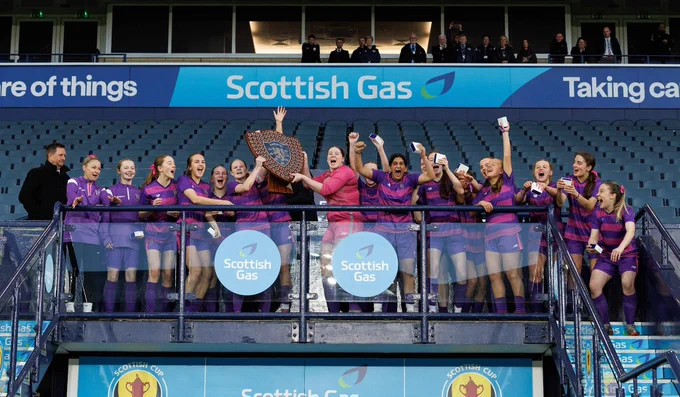 Wallace Senior Girls lift the trophy at Hampden. Picture credit: Ian Cairns
