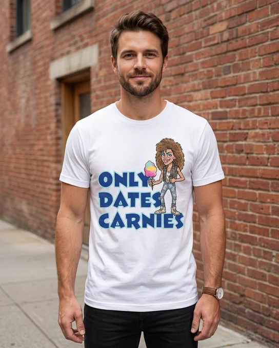 A vibrant 80s-style cartoon illustration of a woman with massive, teased brown hair, blue eyeshadow, and a gold tooth. She is wearing a plaid flannel vest over a ripped white crop top and distressed jeans. She holds a stick of colorful cotton candy and a wad of carnival tickets. Large, bold blue text next to her reads "ONLY DATES CARNIES."