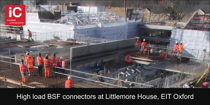 At Ellison Institute of Technology (LMH) in Oxford, Invisible Connections’ BSF Beam to Beam connectors provide structural support for the striking skylight in the atrium; TSS connectors and REDiBOX support the precast stair landings off core walls.