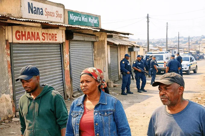 An image showing a South African township street with closed small shops owned by African migrants, police presence in the background, and community members walking past with tense expressions.