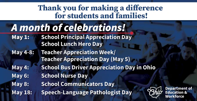 Thank you for making a difference for students and families! A month of celebrations | May 1: School Principal Appreciation Day and School Lunch Hero Day. May 4-8: Teacher Appreciation Week/Teacher Appreciation Day (May 5). May 4: School Bus Driver Appreciation Day in Ohio. May 6: School Nurse Day. May 8: School Communicators Day. May 18: Speech-Language Pathologist Day.