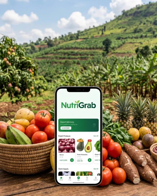 NutriGrab app on a phone beside fresh Ugandan produce