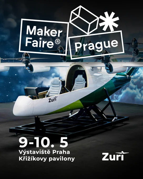 Zuri display aircraft with Maker Faire Prague branding, 9–10 May 2026.