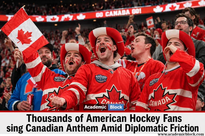 A group of American hockey fans in Canada-themed outfits sing loudly and wave Canadian flags during a game.