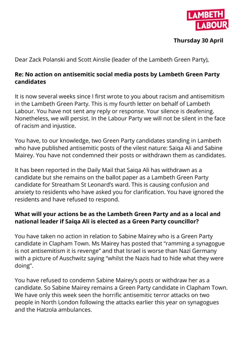 Lambeth Labour Letter to the Green Party