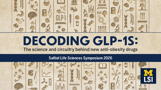 scientific icons stylized as hieroglyphics with text: Decoding GLP1s: The science and circuitry behind new anti-obesity drugs
