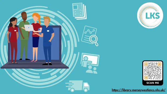 Teal background, top right is the LKS logo, bottom right is the QR code and the url: https://library.merseywestlancs.nhs.uk. On the left is the graphic of 4 people looking at a laptop while stood on a laptop. To the left are 4 icons, journal article; magnifying glass over a document; person stood in front of two people pointing at a whiteboard, speeding van.