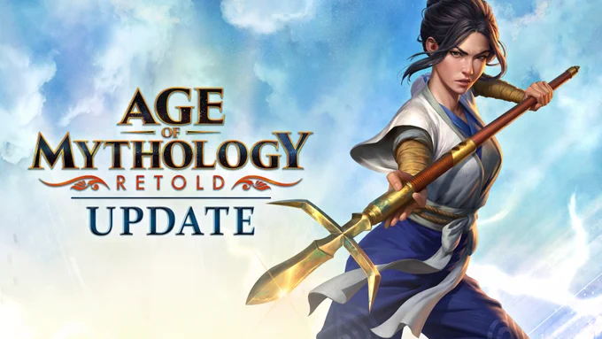 Update graphic for Age of Mythology: Retold  featuring Yasuko, a young woman wielding the Heavenly Spear, Ama-no-Nuboko, with a fierce expression. She wears white traditional Japanese clothing with a blue seigaiha pattern on the arms and torso, a white seigaiha pattern on her legs, and has long black hair tied into a bun. 
