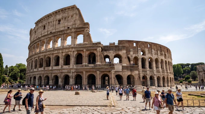 Photorealistic view of the location at coordinates 41.8902° N, 12.4922° E, Rome, Italy. Midday, harsh Mediterranean sun, deep shadows.