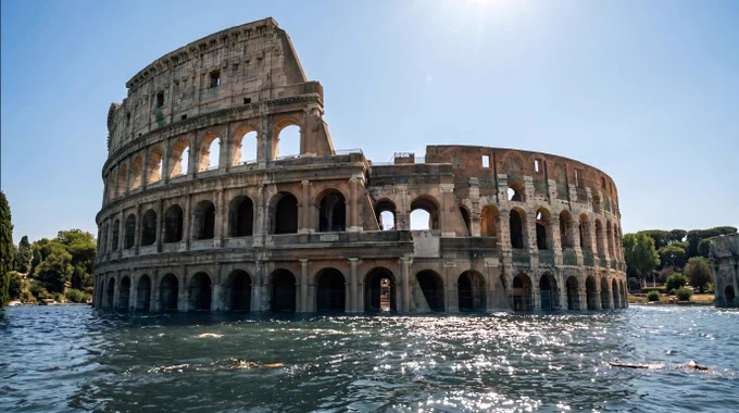 Transform this image as if it were the year 2100. Rising sea levels have partially submerged the Colosseum, the lower arches are underwater, the upper tiers still emerge above the surface. Harsh midday sun reflects off the floodwater, casting sharp light and shadow across the ruins. Keep the landmark recognizable.
