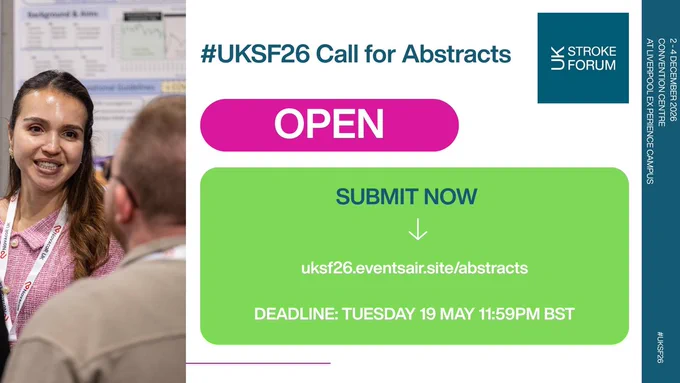 #UKSF26 Call for Abstracts. A rectangle image with the photo of a smiling female presenting past delegate on the left hand side, presenting her poster at a previous conference. The text says "OPEN. SUBMIT NOW. uksf26.eventsair.site/abstracts. Deadline Tuesday 19 May 11:59pm BST".