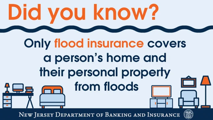 Text reads "Did you know? Only flood insurance covers a person's home and thier personal propety from floods" on a light blue background. There are small icons along the bottom depicting a desk, a bed, a tv, a chair and a lamp. The banner at the bottom includes the name and logo for the New Jersey Department of Banking and Insurance.