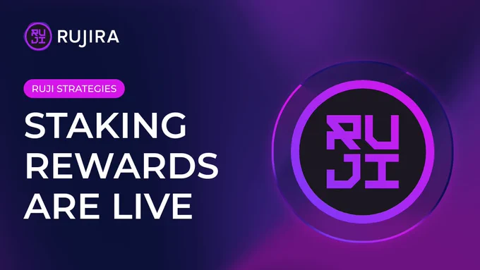 The design highlights the RUJI logo with vibrant purple elements, announcing that staking rewards are now active for participants.