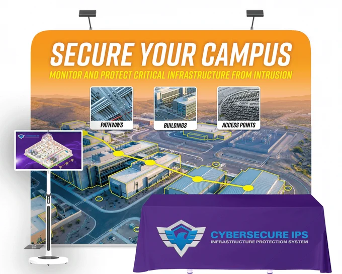 CyberSecure IPS tradeshow booth featuring critical infrastructure monitoring for pathways, buildings and access points. Visit https://www.cybersecureips.com/mps for more information.