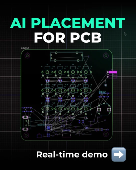 A PCB layout showcases various components connected by lines, illustrating AI-assisted placement for efficient design.