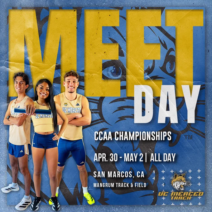 Three student-athletes are posed in a meet day graphic with the meet, date, and location. The CCAA Championships run April 30-May 2 at Mangrum Track in San Marcos, Calif.