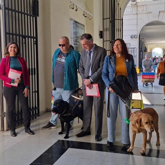 Fotografía en la que aparecen 4 personas caminando por una galería. De izquierda a derecha está la Seremi de Desarrollo Social y Familia de la Región Metropolitana; luego Mauricio Flores, usuario de perro guía, junto a su perro choco; luego el director nacional de Senadis; y luego Ruth Espinoza, usuaria de perro guía junto a su perro Bear.