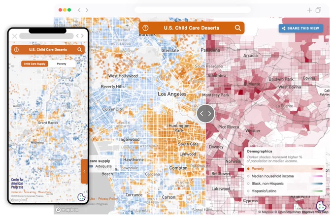 Interactive map of U.S. child care deserts on mobile and webpage.