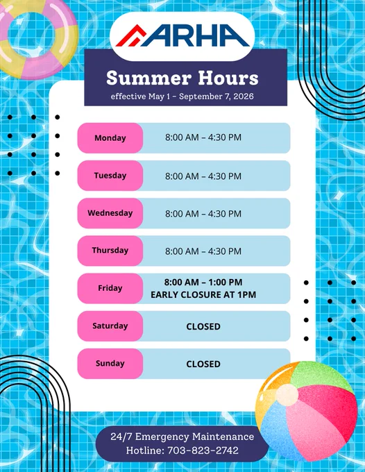 ARHA's summer hours effective May 1, 2026, to September 7, 2026. Please note early closures on Fridays at 1 PM.