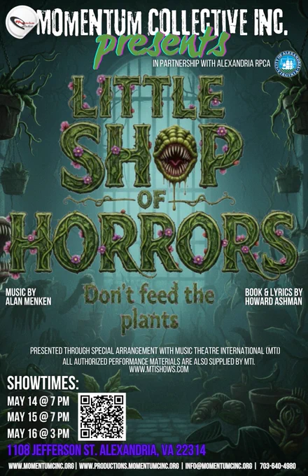 Little Shop of Horrors upcoming youth production flyer. Shows will take place at 7PM on May 14, May 15, and May 16. 
