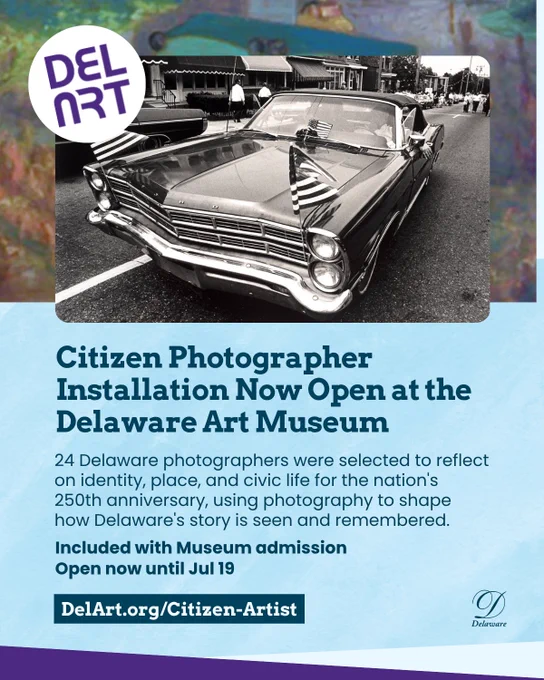 Black and white photograph of an old car promoting the Citizen Artist gallery at DelArt