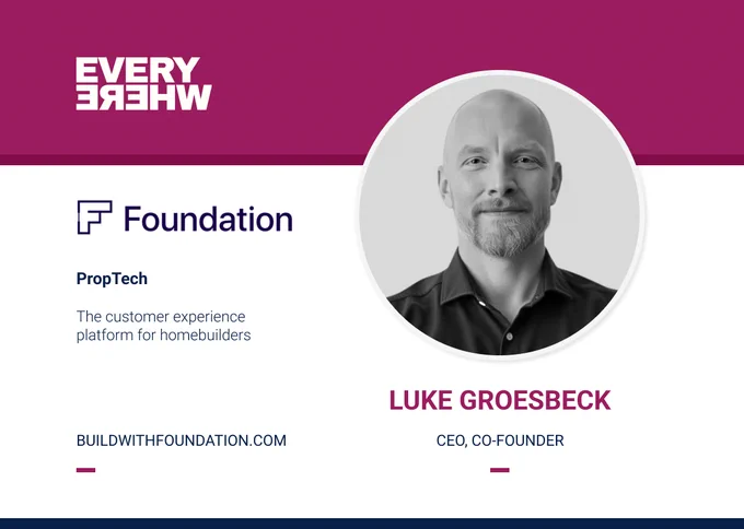 A company profile card for Foundation with a magenta header displaying the mirrored “EVERYWHERE” Ventures logo. On the left, the Foundation logo appears above the label “PropTech” and the description: “The customer experience platform for homebuilders.” The website “BUILDWITHFOUNDATION.COM” is listed below. On the right, there is a circular black‑and‑white portrait labeled “Luke Groesbeck, CEO, CO‑FOUNDER.”