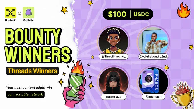 Four winners of the ScribbleAI Bounty are highlighted, showcasing their avatars and usernames alongside a prize announcement.