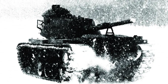 A black and white photo of an M1 Abrams Tank in the snow. 
