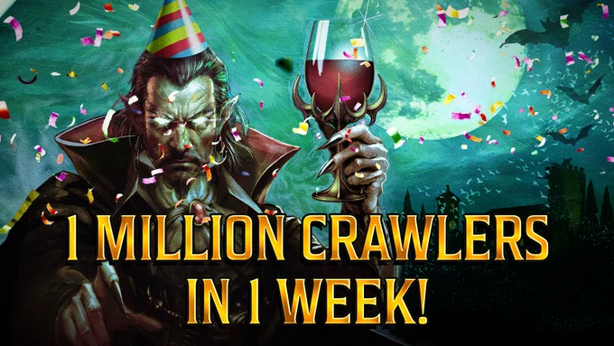 Vampire Crawlers keyart showing the villain wearing a party hat and raising a glass of red liquid in a fancy glass. There is confetti surrounding him. Text on the image reads: "1 Million Crawlers in 1 week!"