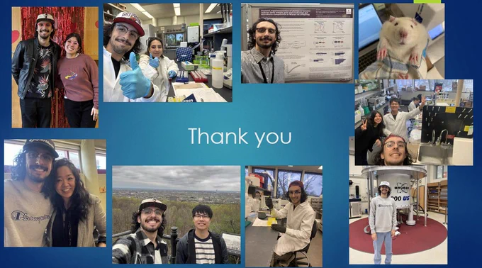 Various photos of Mali in the lab, and at presentations, along with a "Thank You" posting.
