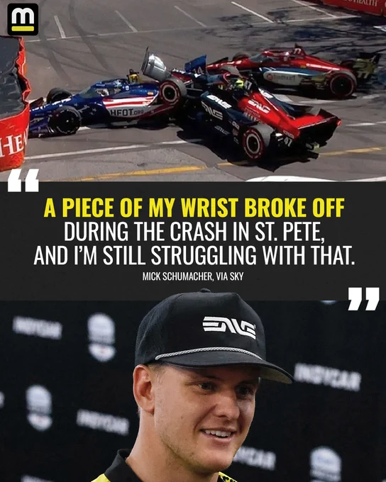 Mick Schumacher revealed he's been racing with an injury since the opening lap of the INDYCAR season opener.

"Unfortunately, a piece of my wrist broke off during the crash in St. Pete, and I’m still struggling with that,” the son of Formula 1 legend Michael Schumacher told Sky Germany. “It basically means I get out of the car in pain, which is obviously far from ideal.

"It will likely require an operation at the end of the year just to get everything back together. It’s definitely exhausting, and I’m having to rely a lot more on my right hand at the moment."