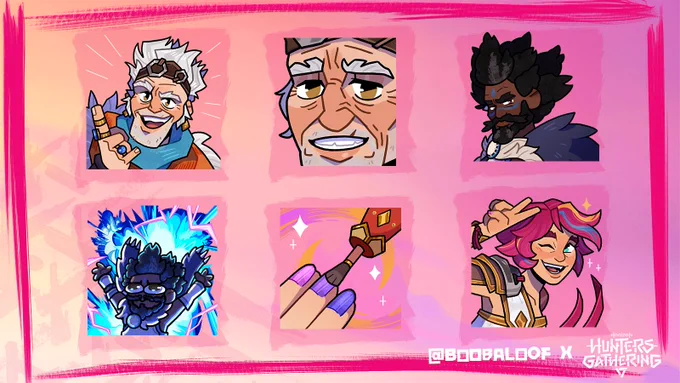 A set of six emotes of Hunters Sun, Rem and Axle:
- Sun with nails being painted in pink, purple, and blue.
- Sun posing with a victory sign.
- Axle posing with a rock hand gesture.
- Close-up of Axle’s face.
- Rem posing confidently.
- Rem posing with a blue explosion in the background.