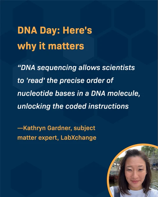 Text reads: DNA Day: Here's why it matters. " DNA sequencing allows scientists to ‘read’ the precise order of nucleotide bases in a DNA molecule, unlocking the coded instructions" — Kathryn Gardner, subject matter expert at LabXchange
