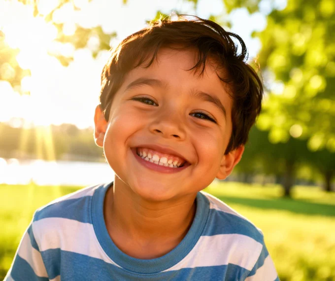 A smiling young child with dark hair wearing a blue-and-white striped shirt, photographed close-up in a sunny park with trees and warm golden light in the background.