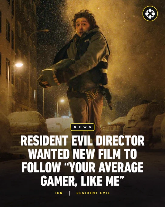 The main character of the upcoming Resident Evil movie runs through a street while holding a med pack. Headline reads: "Resident Evil Director Wanted New Film to Follow "Your Average Gamer, Like Me"