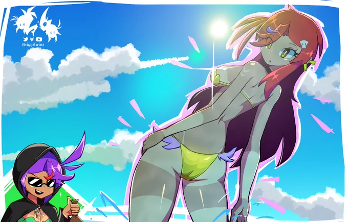 Red haired girl wearing a golden bikini for a golden Week theme while a purple haired girl at the back giving approval with pickpoket money on her hand. 