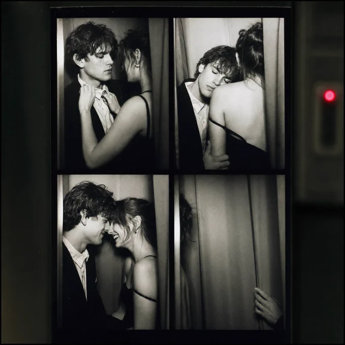 Negative film aesthetic, two young European figures in a Parisian photo booth, curtains half-drawn, the strip of four frames capturing not poses but the space between them. First frame: her hand reaching toward his collar. Second: his chin resting on her bare shoulder, eyes closed. Third: both laughing with foreheads touching, her strap slipped. Fourth: empty space, only her hair and his fingers visible at the edges. Harsh flash creating blown-out highlights on skin, deep shadows in the booth corners, the machine's red recording light a soft blur. High contrast within each frame but muted overall, subtle grain, no text, memory-like realism, stolen sequence. AR 1:1