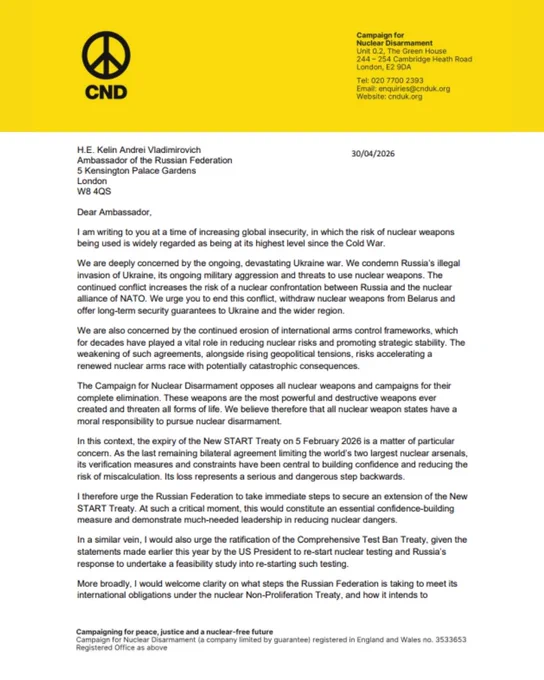 Page one of CND's letter to the Russian Ambassador