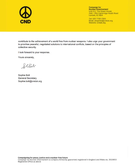Page two of CND's letter to the Russian Ambassador