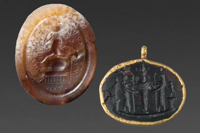 Two oval flat stones engraved with figures and letters.