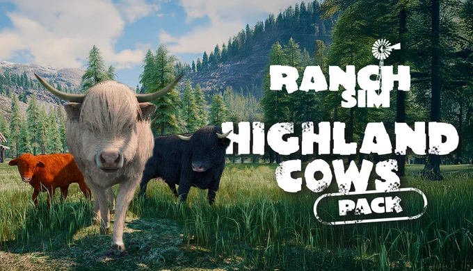 Promotional artwork for the Ranch Sim Highland Cows Pack DLC. Two adult highland cows can be seen, one white and one black, with a ginger baby highland cow also visible. They are stood in a field, with mountains and trees visible in the background.