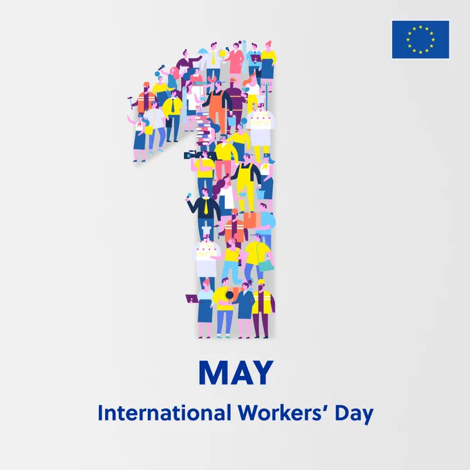 An illustration celebrating May 1st. A large, stylized number one is filled with a colorful mosaic of people representing different occupations, including construction workers, chefs, office employees, and healthcare professionals. At the bottom, the text 'MAY International Workers' Day' is written in bold blue letters against a light grey background. The EU flag appears in the upper right.
