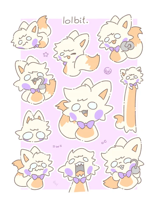 several lolbits from five nights at frickbears in different poses and shapes and expressions