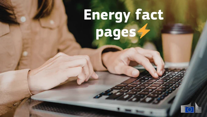 Person typing on a laptop with the title 'Energy fact pages' and a lightning bolt icon overlaid. European Commission logo appears in the bottom right corner.