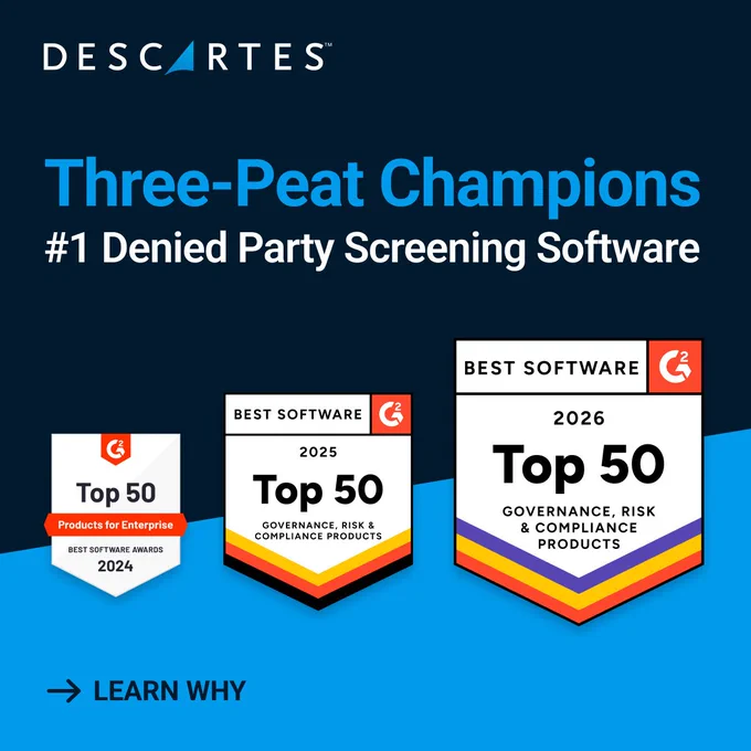 Image showing Descartes Denied Party Screening's G2 Top 50 Best Software Badges awarded in 2024, 2025, and 2026