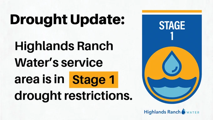 Flyer with text that says: "Drought Update: Highlands Ranch Water's service area is in Stage 1 drought restrictions."