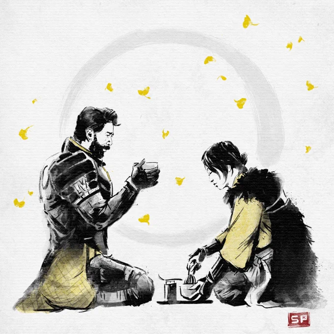 Arjun from SAROS and Atsu from Ghost of Yōtei enjoy some tea together. 