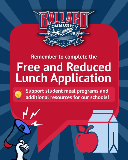 Ballard Community School District reminder to complete the Free and Reduced Lunch Application to support student meal programs.